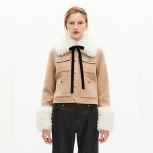 The Kooples Short Wool Jacket with Beige Sherpa Collar